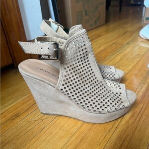 Tan Peep-Toe Wedges
